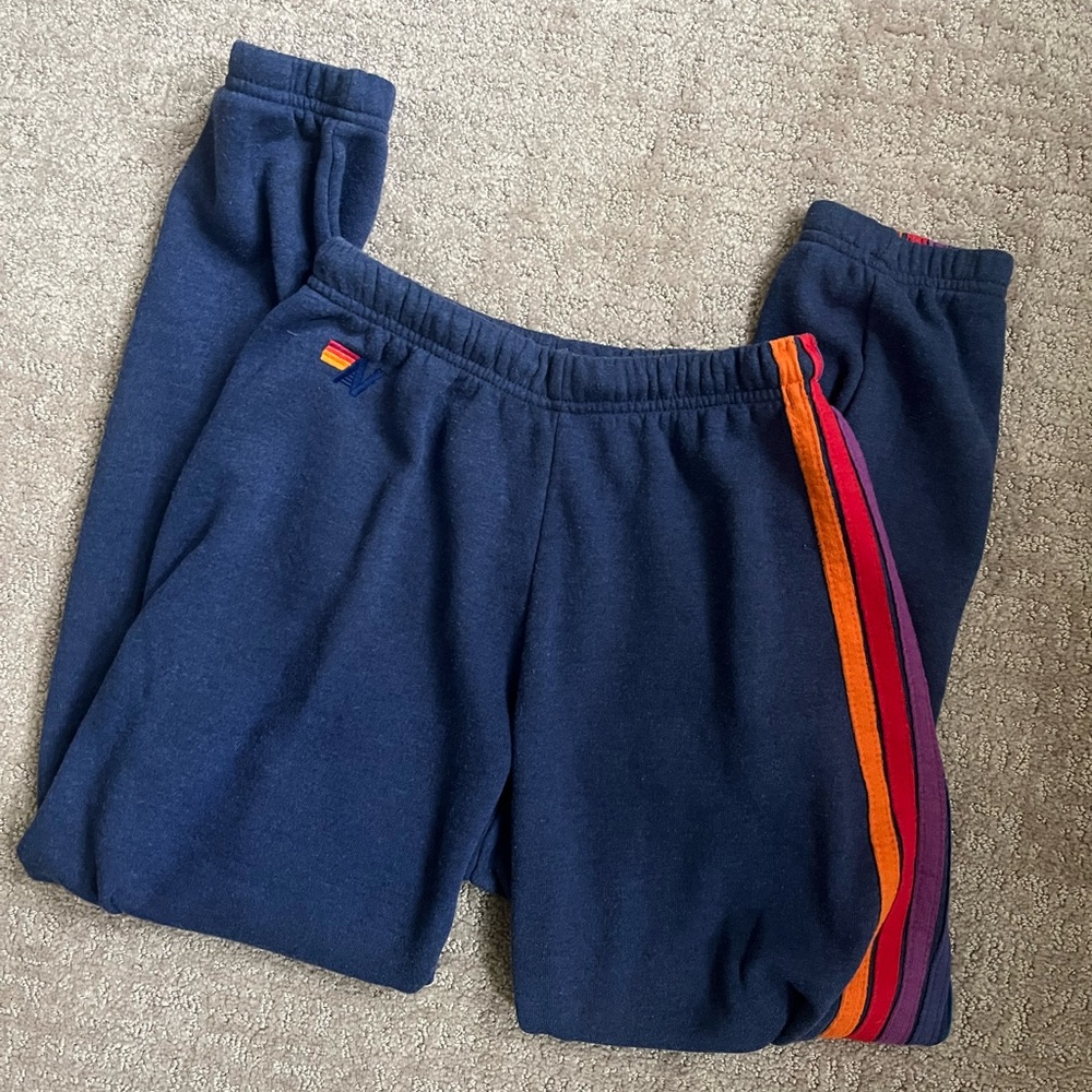 Women’s Navy Aviator Sweatpants with Rainbow Stripes
